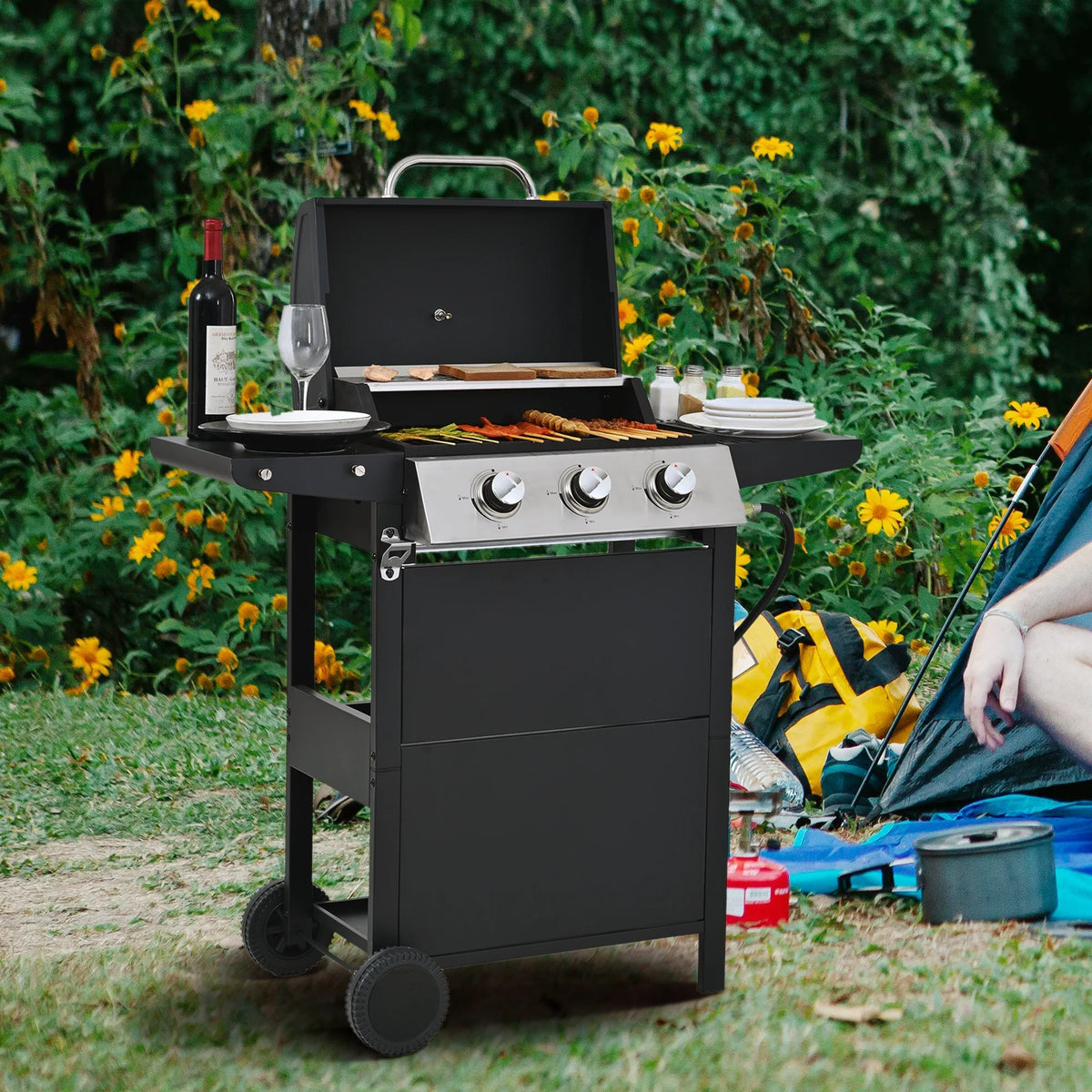 2026 Qiushi 3-Burner Propane Gas Grill, 26,000 BTU Stainless Steel BBQ Grill with 2 Shelves & Thermometer, Outdoor Patio Grill with Electronic Ignition, Wheels & Bottle Opener -M?Durable & Even Heating