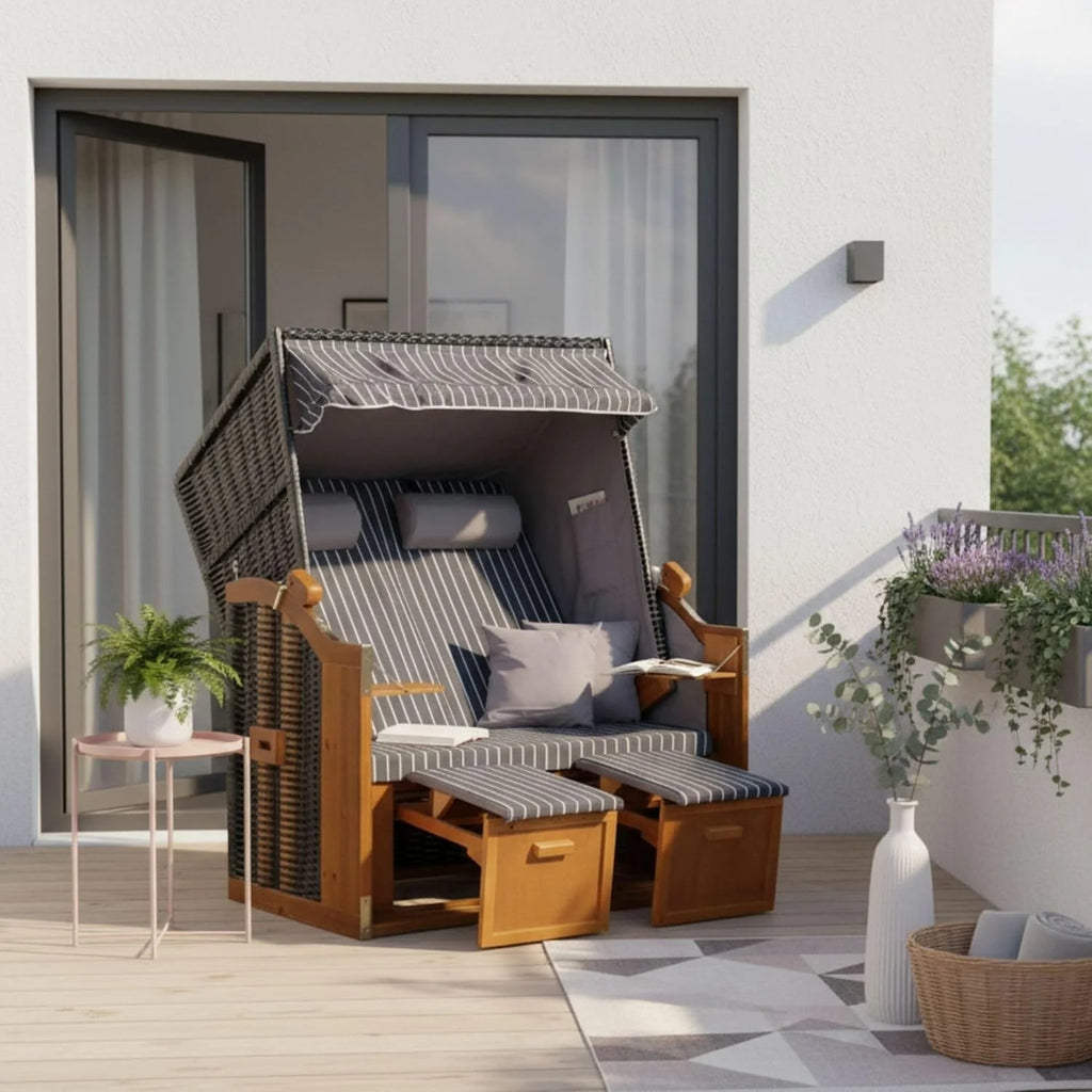 Silla de playa Baltic Sea 2026 Juniper PE negra (diseño gris real) | Silla de playa de 2 plazas resistente a la intemperie | Silla reclinable de dos plazas de madera maciza | Sillas de playa para balcón | Silla de playa para jardín