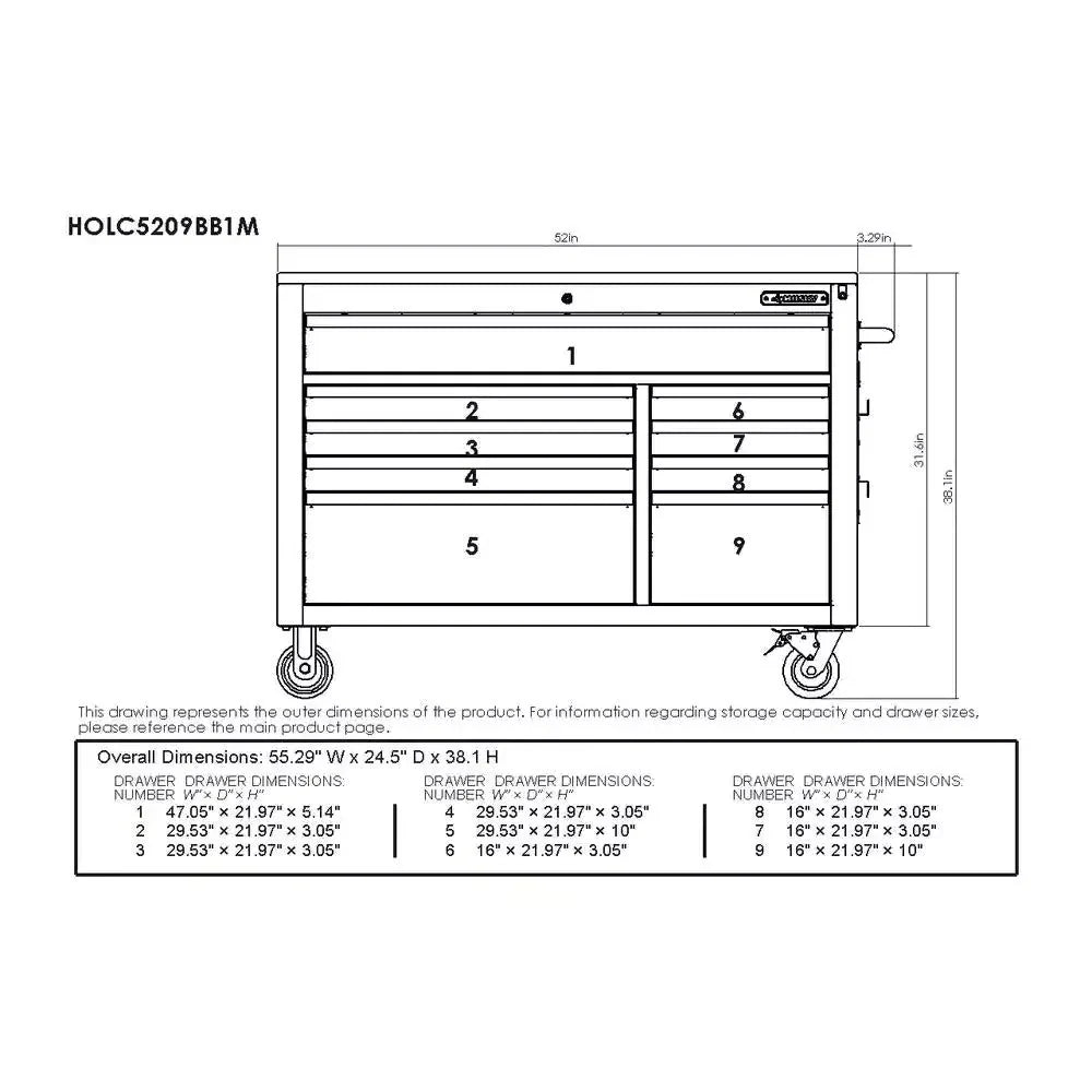 2026 Heavy-Duty 52 in. 9-Drawer Mobile Workbench with Adjustable-Height Solid Wood Top in Matte Blue