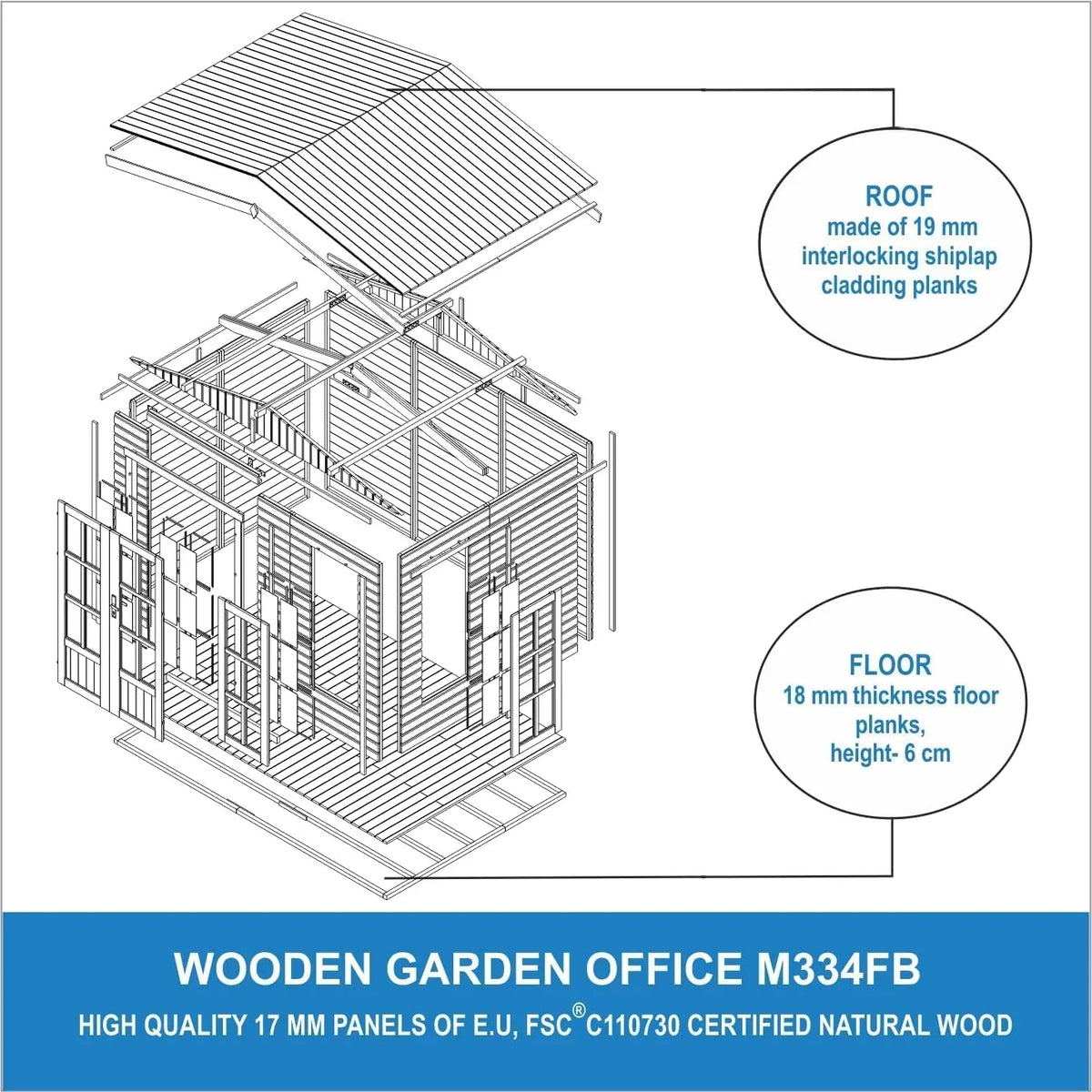 2026 TIMBELA Caseta de jardín de Madera de 6 m2 – Cobertizo Jardin Exterior con Suelo, Ventana, Puerta Doble – Cabaña de jardín para Trabajar en casa – con Tejas bituminosas Verde M334FB+H334FBGREEN