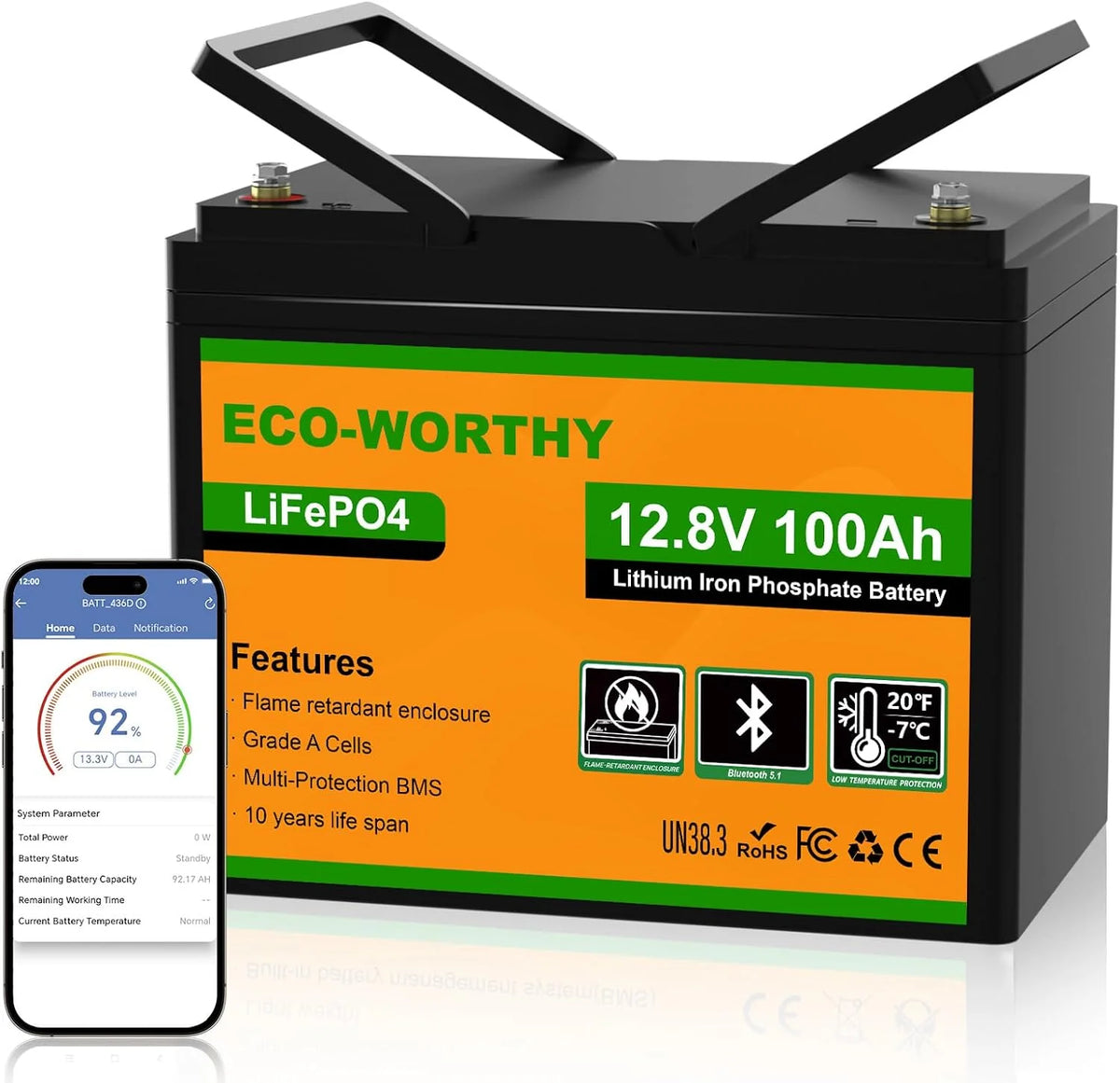Batería de litio LiFePO4 de 12 V y 100 Ah, 1280 Wh, 12 V y 100 Ah, con certificación ECO – WORTHY (modelo 2026), Bluetooth, BMS de 100 A, protección contra bajas temperaturas y un máximo de 15 000 ciclos. Batería de 12 V y 100 Ah para autocaravanas