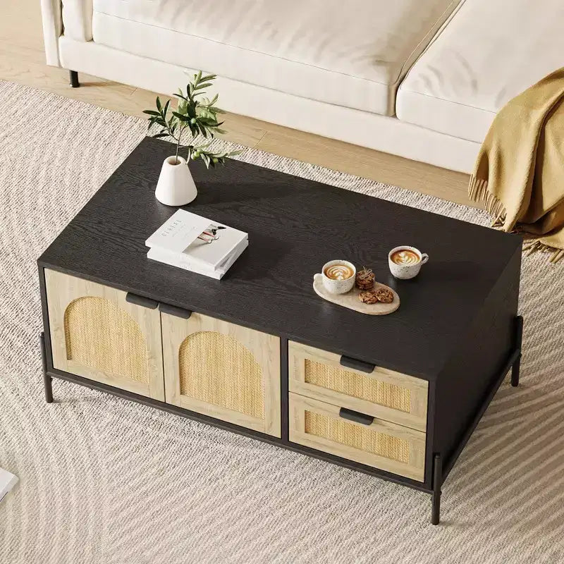 2026 Mesa de centro, 103,9 cm. Mesa de centro moderna con almacenamiento – Mesa auxiliar de ratán para sala de estar con 2 cajones/puertas (estilo rústico/patas de metal).