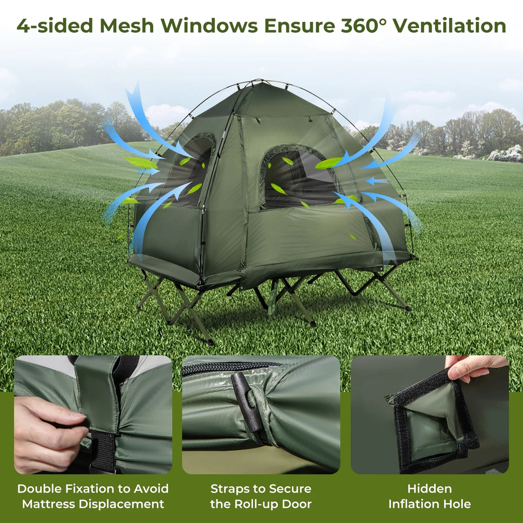 2026 Patiojoy Folding 2-Person Camping Tent Cot Portable Pop-Up Tent with Sleeping Bag&Air Mattress for Outdoor Activity