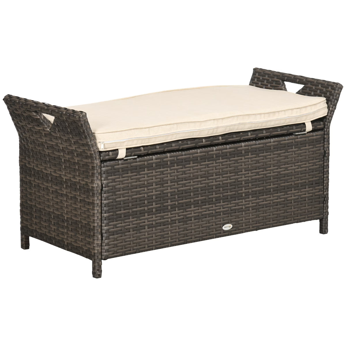 2026 DUOSONG Outsunny 27 Gallon Patio Wicker Storage Bench, Outdoor Pe Rattan Patio Furniture, 2-In-1 Large Capacity Rectangle Garden Storage Box With Handles And Cushion, Cream White Brown+White Steel