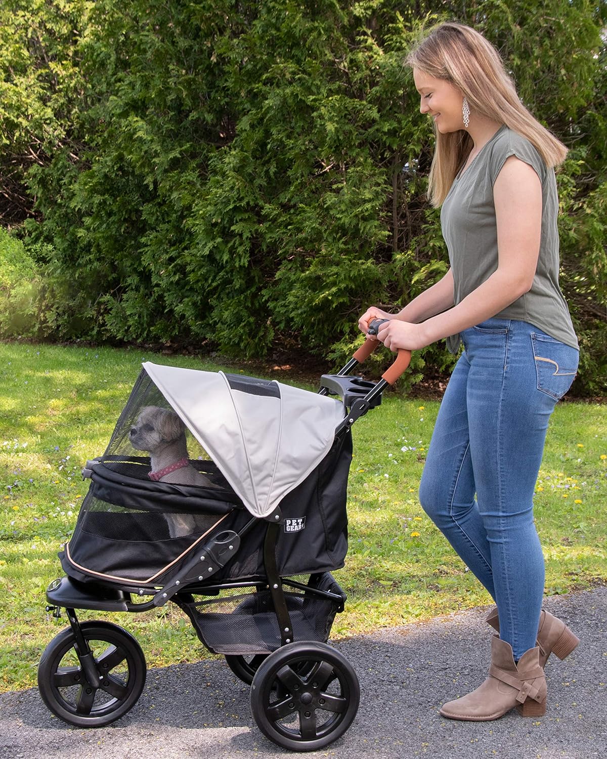 2026 Pet Gear No-Zip AT3 Pet Stroller for Cats/Dogs, Zipperless Entry, Easy One-Hand Fold, Jogging Tires, Removable Liner, Cup Holder + Storage Basket, 1 Model, 2 Colors