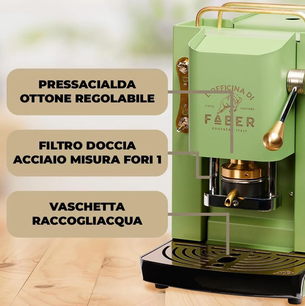 Cafetera Faber PRO Total Deluxe 2026, fabricada en latón, con papel ESE de 44 mm y capacidad de 1,3 litros (blanca).