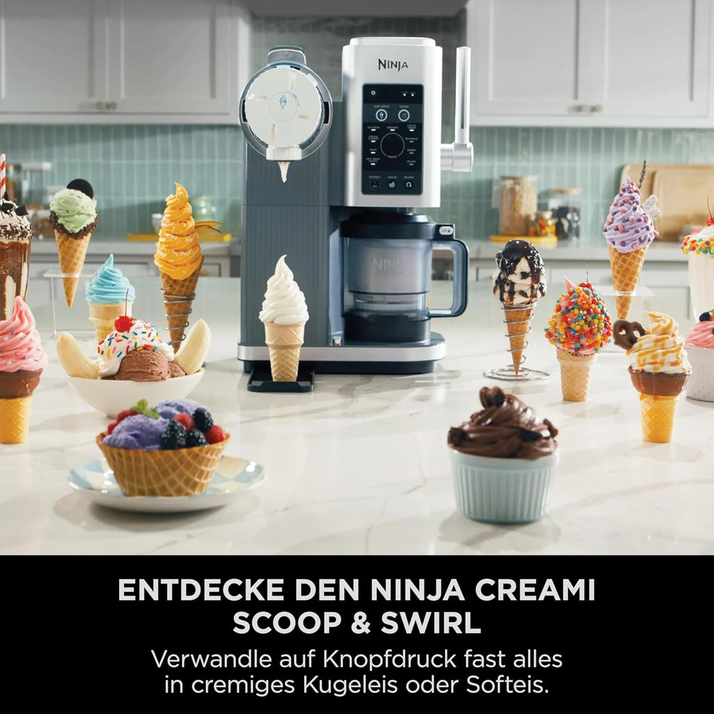 Heladera Ninja CREAMi Scoop & Swirl 2026 con 2 recipientes, 13 funciones para helado, helado suave, gelato, sorbete, batidos y más, con función de mezcla, color plata platino, NC701EU