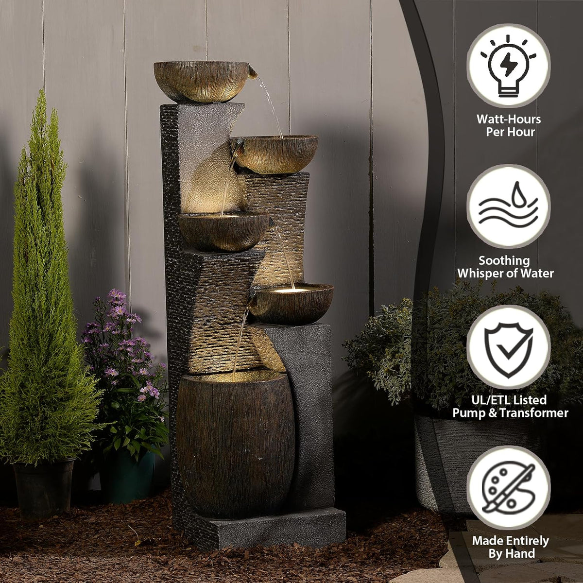 Fuente de jardín grande Bumilgar 2026, fuente exterior con iluminación LED, cascada de 5 niveles, ideal para jardín, balcón o terraza, 134 x 46 x 37 cm.
