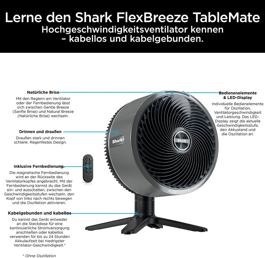 Ventilador Shark FlexBreeze 2026, ventilador híbrido silencioso (con cable e inalámbrico), portátil, para uso en interiores y exteriores, resistente a los rayos UV y al agua, ultra potente, ultra silencioso, blanco FA220EU