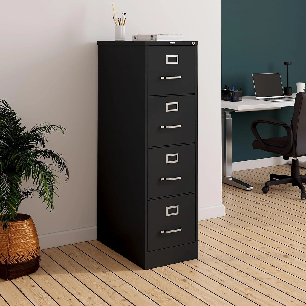 2026 STAPLES 4-Drawer File Cabinet, Lockable, Black, 25"D x 15"W