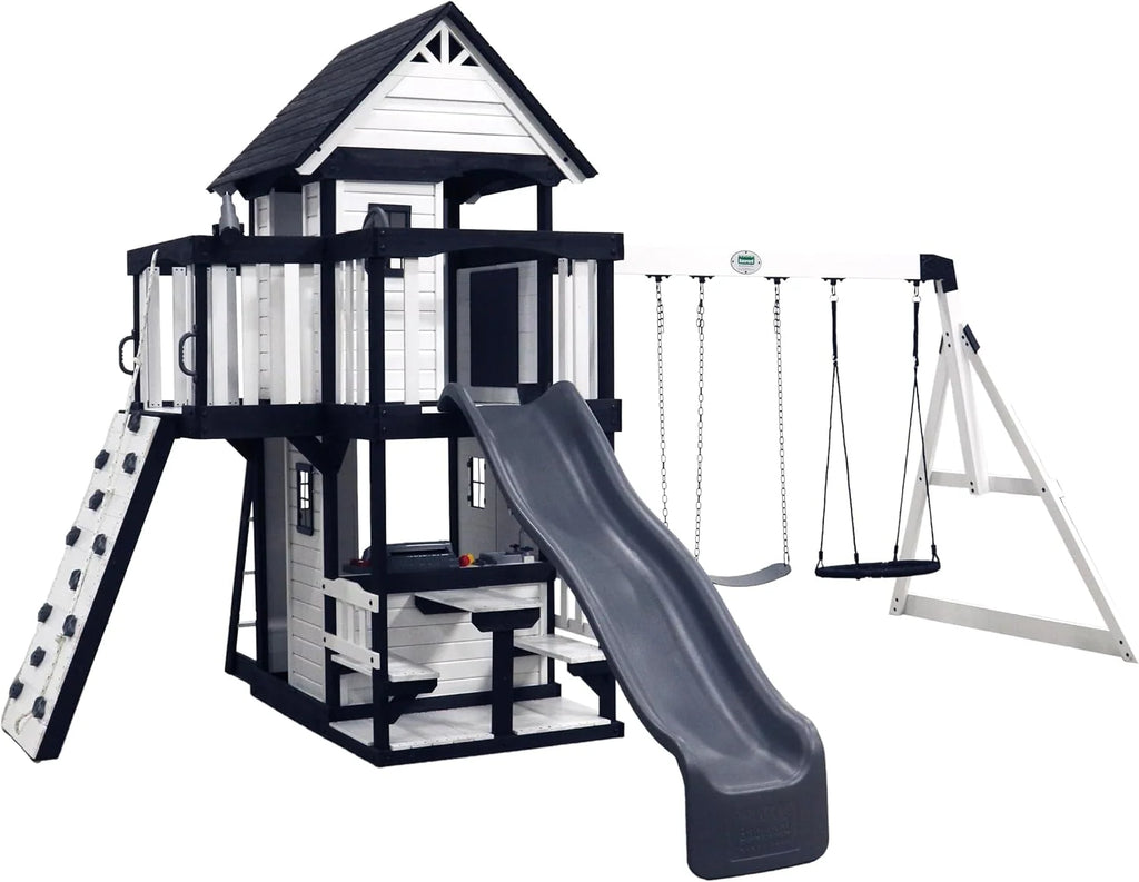 2026 Canyon Creek Cedar Wood Swing Set with Wave Slide, Clubhouse, Play Kitchen, Picnic Area, Belt Swings, Web Swing, Rock Wall, Balconies, Playhouse, Step Ladder, Outdoor Playset