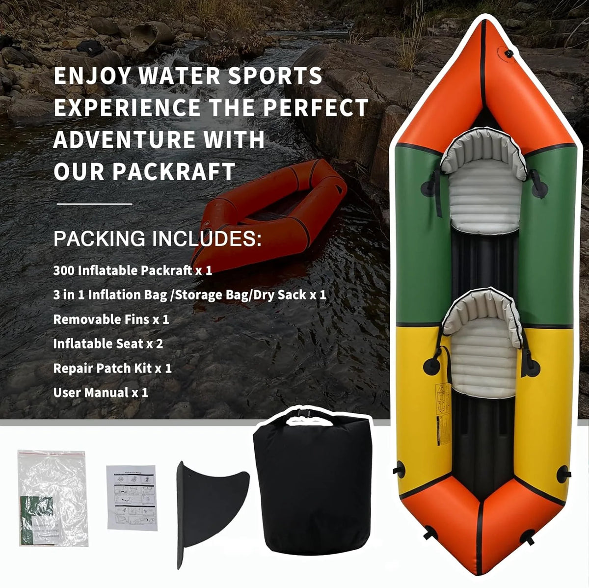 2026 Lightweight Packrafts Tpu Inflatable Kayak for Flat Water Rafting Camping Trip Fishing Water Adventures 1 Person 2 Person Packraft 330LB 660