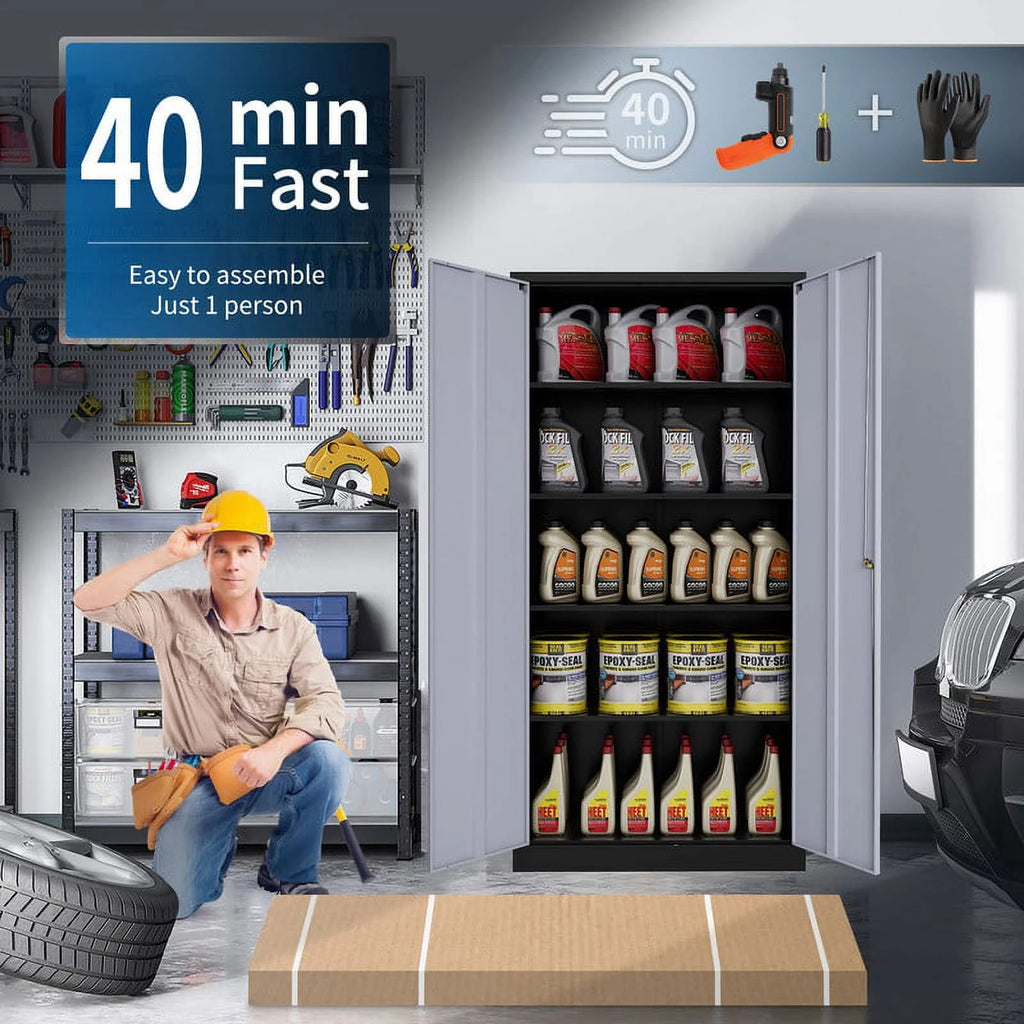 2026 STANI Metal Storage Cabinet with Locking Doors, Garage Lockable Steel Cabinets with 4 Doors and 5 Shelves for Home, Garage, Pantry Workshop Warehouse