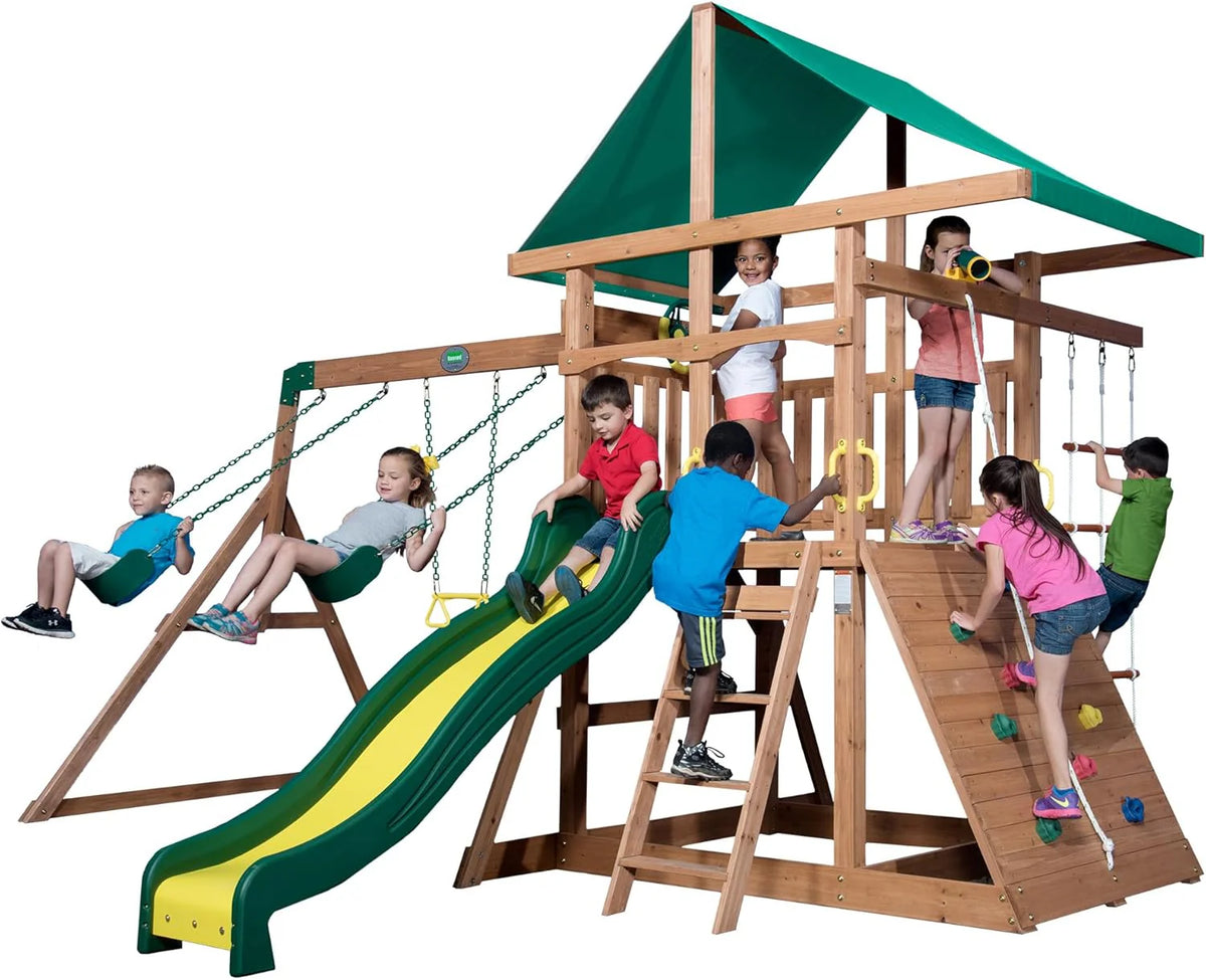 2026 Mount Mckinley Cedar Wood Swing Set with Wave Slide, Play Deck, Double Rock Wall, Rope Ladder, Web Swing, Belt Swings, Toy Telescope,…
