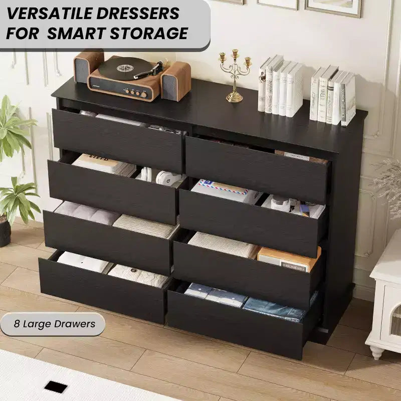 2026 Cómoda horizontal de 8 cajones – 130 cm de ancho, MDF resistente a los arañazos, cajones con acabado de lino sintético.