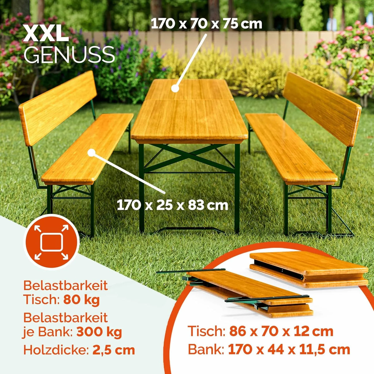 Conjunto de jardín cervecero Casaria® 2026 con respaldo, 170 cm, plegable, resistente, 2 bancos para cerveza, 1 mesa ancha, mesa de cerveza de madera, conjunto de carpa para festivales, conjunto de jardín cervecero