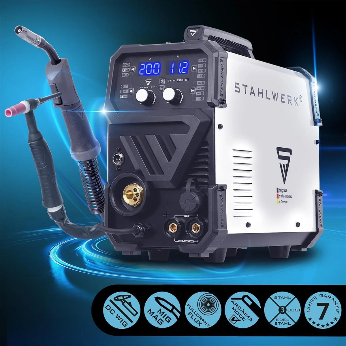 Máquina de soldadura por arco metálico con gas combinada STAHLWERK 3 en 1 MTM – 200 ST 2026 – Equipo completo – TIG, MIG/MAG, MMA/Stick hasta 200 A, alimentación de alambre sinérgica, accionamiento de 4 rodillos, adecuada para alambre tubular, acero
