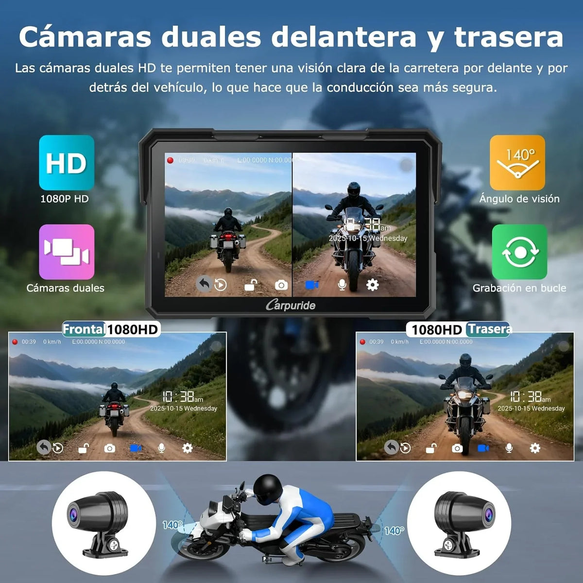 2026 Carpuride W702 Plus Android 14 Motocicleta Carplay Pantalla con Doble Cámara, CarPlay y Android Auto Inalámbricos,7" Pantalla Táctil Impermeable, Audio BT,Grabación Bucle, Navegación Online y Offline.
