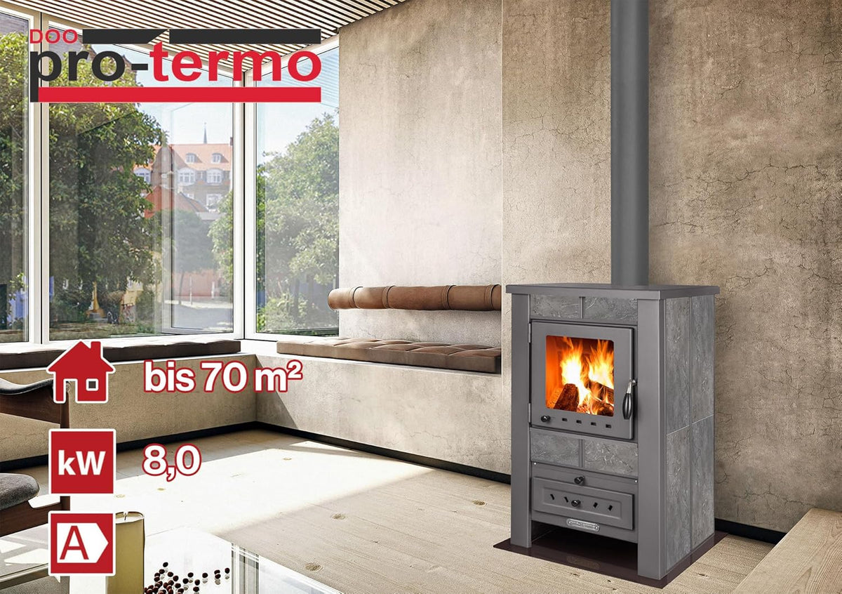 Estufa de leña ProTermo Alpina G Antracita 2026 con ladrillo refractario – Potencia calorífica de 8 kW – Estufa de leña con ventana de visualización, Tipo 1
