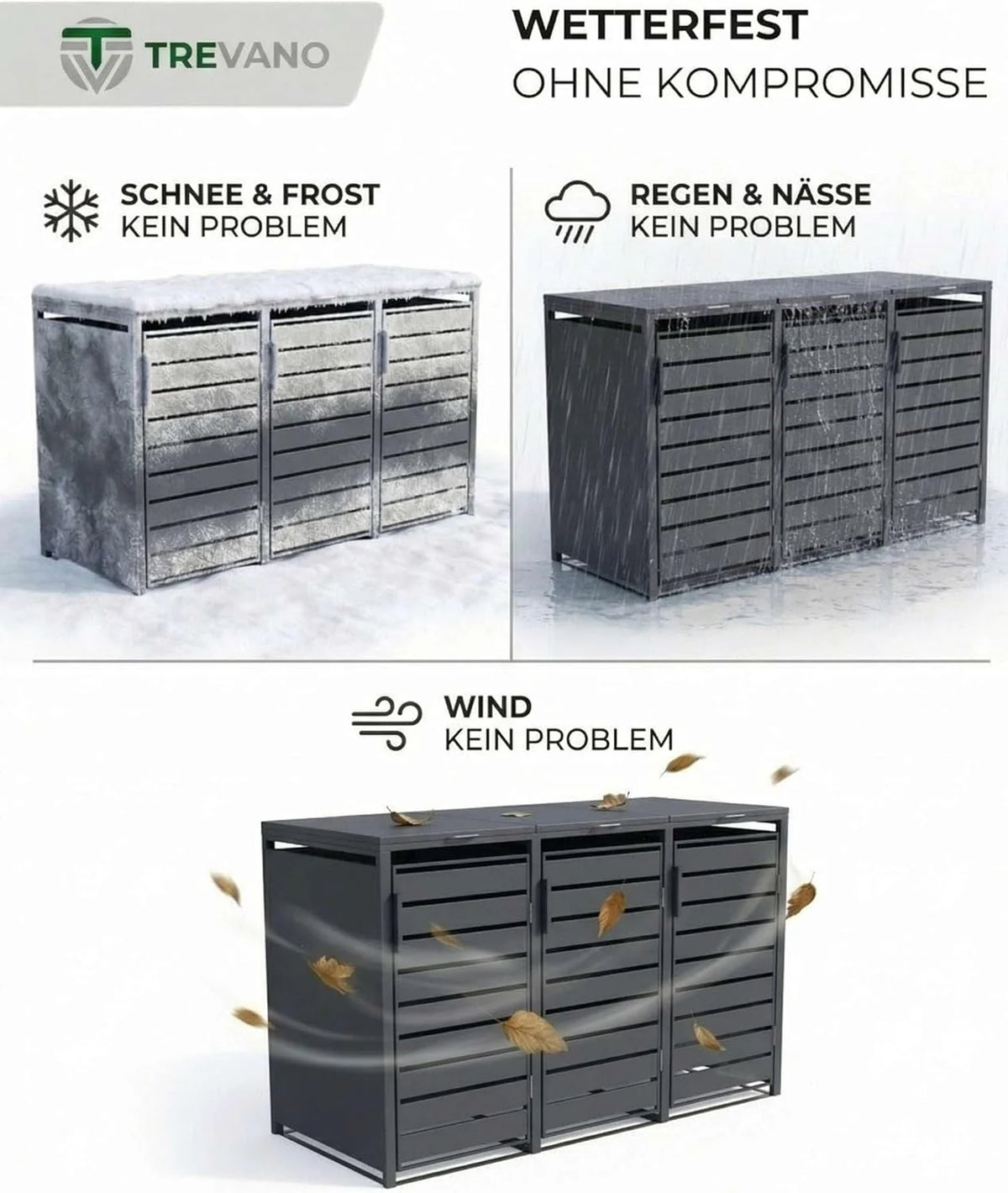 Caja para contenedores TREVANO de 3 compartimentos y 240 L (modelo 2026) – Tapa color antracita – Estructura de acero resistente – Cajas impermeables para 3 contenedores – Capacidad: 120 – 240 L