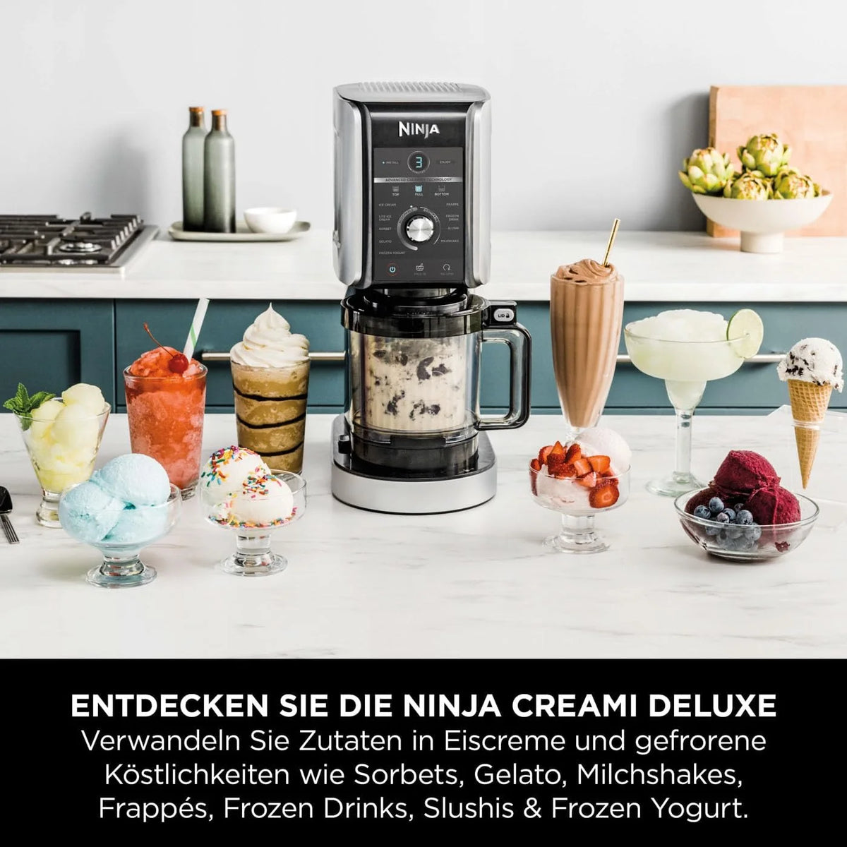 Máquina de helados y bebidas congeladas Ninja CREAMi Deluxe 2026 con 2 vasos, 10 funciones, prepara helados, gelato, sorbetes, yogur helado, batidos, granizados y más, opción de 2 sabores en 1, color plata, NC502EU