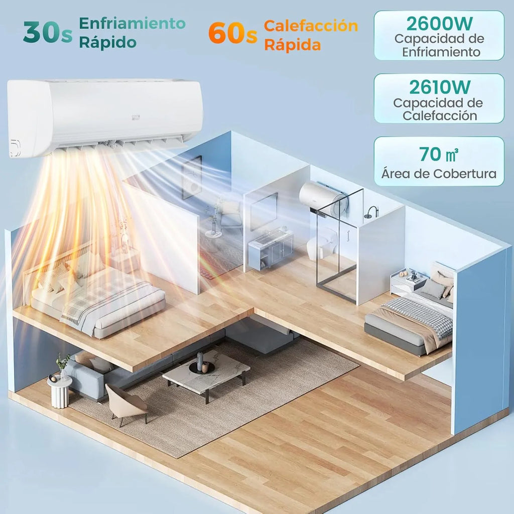 COSTWAY Aire Acondicionado Split, 2,6 kW, Aire Acondicionado con Calefacción con Bomba de Calor,Refrigerante: R32, Calefactor y Refrigerador con Kit de Instalación para Habitación hasta 70m³ (9000BTU) 2026