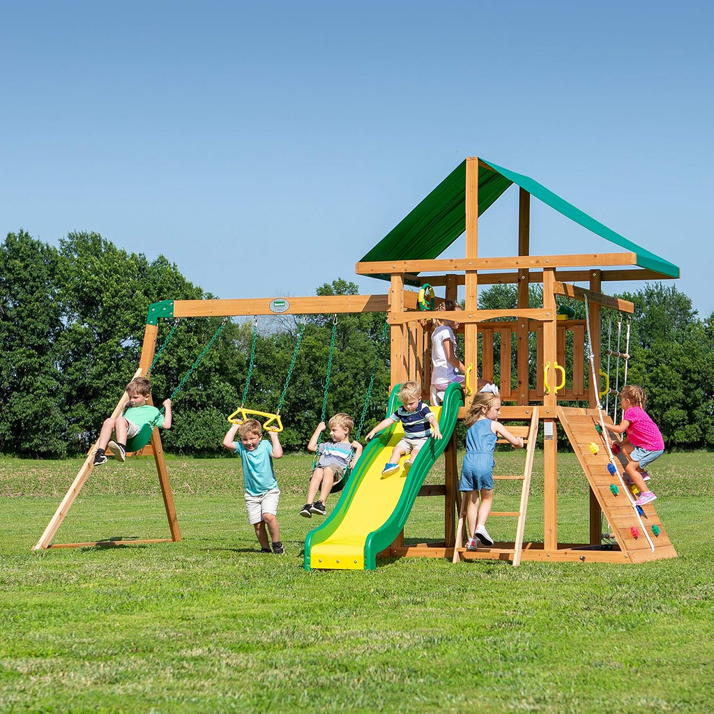 2026 Mount Mckinley Cedar Wood Swing Set with Wave Slide, Play Deck, Double Rock Wall, Rope Ladder, Web Swing, Belt Swings, Toy Telescope,…