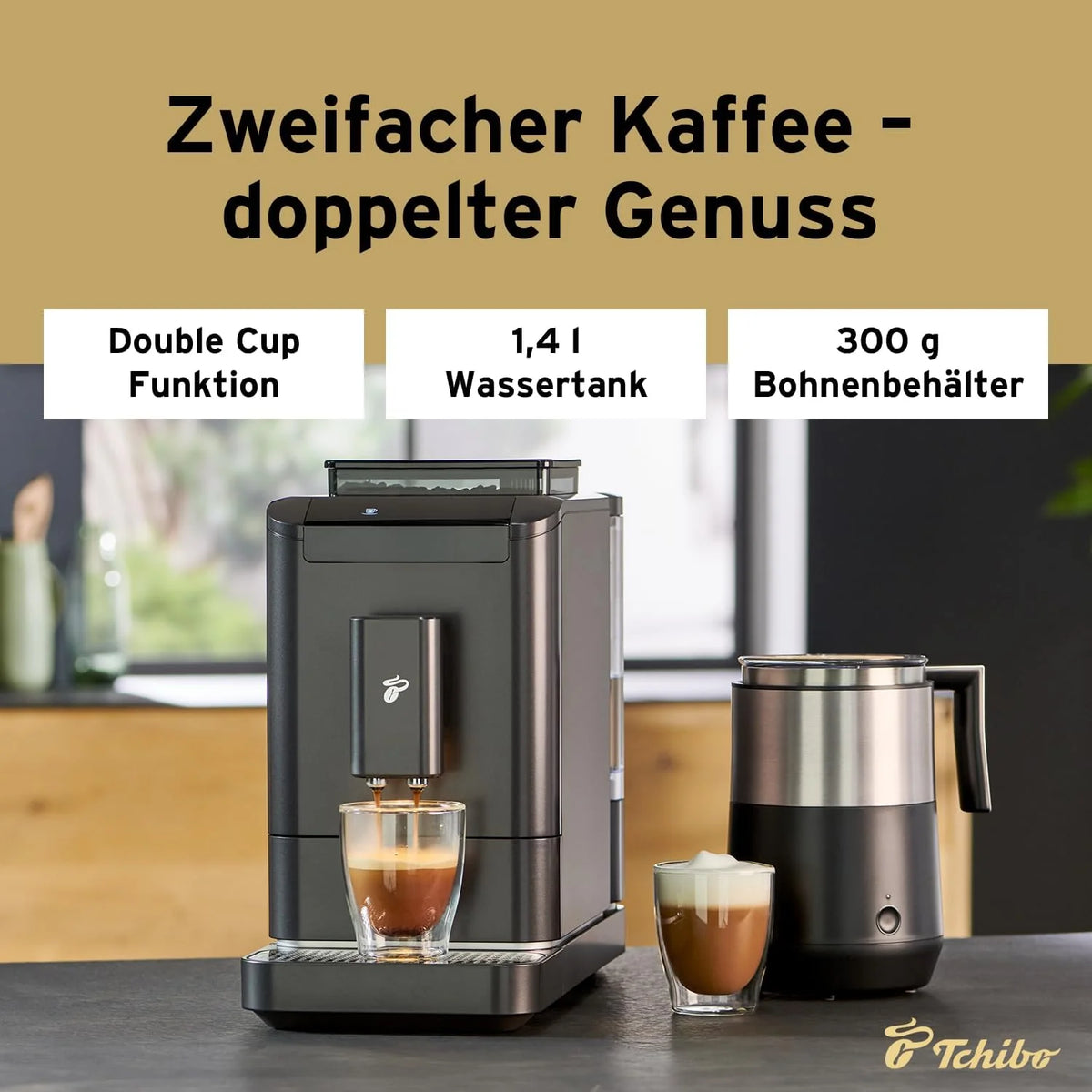 Cafetera automática Tchibo Esperto2 Caffè 2026 con función para 2 tazas (café crema y espresso), color negro granito. INCLUYE un kit de degustación de café GRATIS.
