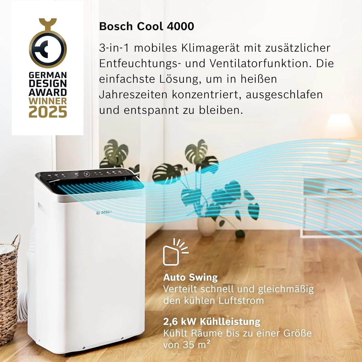 Aire acondicionado portátil Bosch Cool 4000 (modelo 2026) – 3 en 1: Aire acondicionado, deshumidificador y ventilador – 2,6 kW para habitaciones de hasta 35 m² – Con modo automático, modo silencioso y modo reposo.