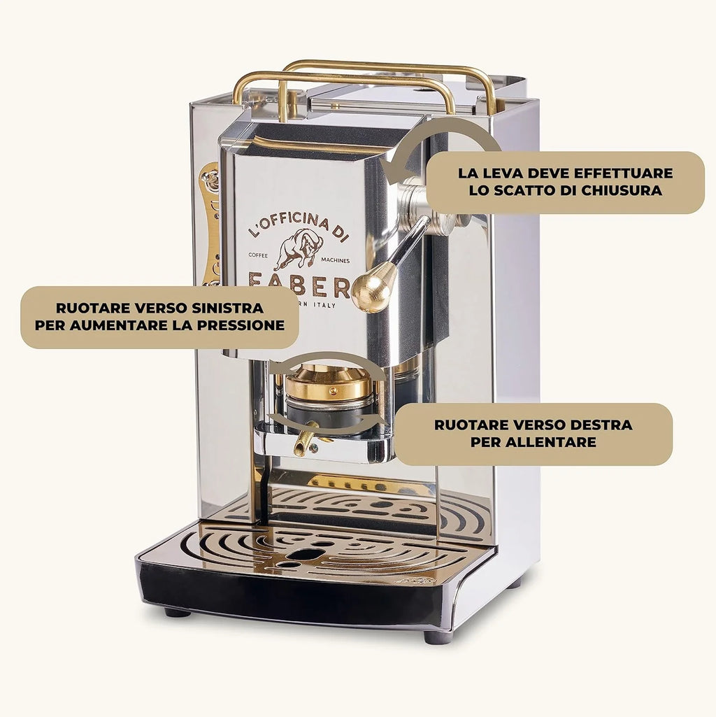 Cafetera Faber PRO Total Deluxe 2026, fabricada en latón, con papel ESE de 44 mm y capacidad de 1,3 litros (blanca).