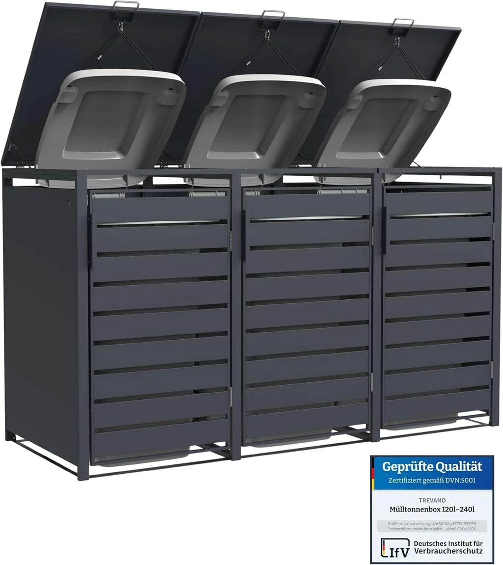 Caja para contenedores TREVANO de 3 compartimentos y 240 L (modelo 2026) – Tapa color antracita – Estructura de acero resistente – Cajas impermeables para 3 contenedores – Capacidad: 120 – 240 L