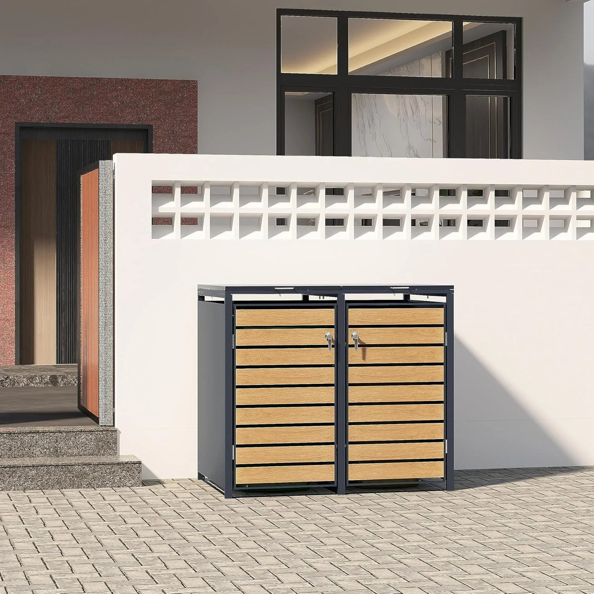Caja para cubo de basura ESTEXO 2026 con tapa, caja de almacenamiento, color antracita con detalles de madera (2 puertas)