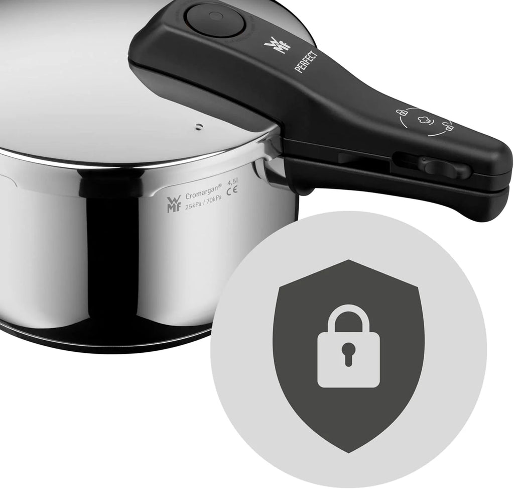 2026 Juego de olla a presión WMF Perfect One Pot para inducción, 2 piezas, capacidad de 4,5 L y 3 L, indicador de cocción grande, 2 niveles de cocción, asa de tapa extraíble, apto para todo tipo de cocinas, acero inoxidable.