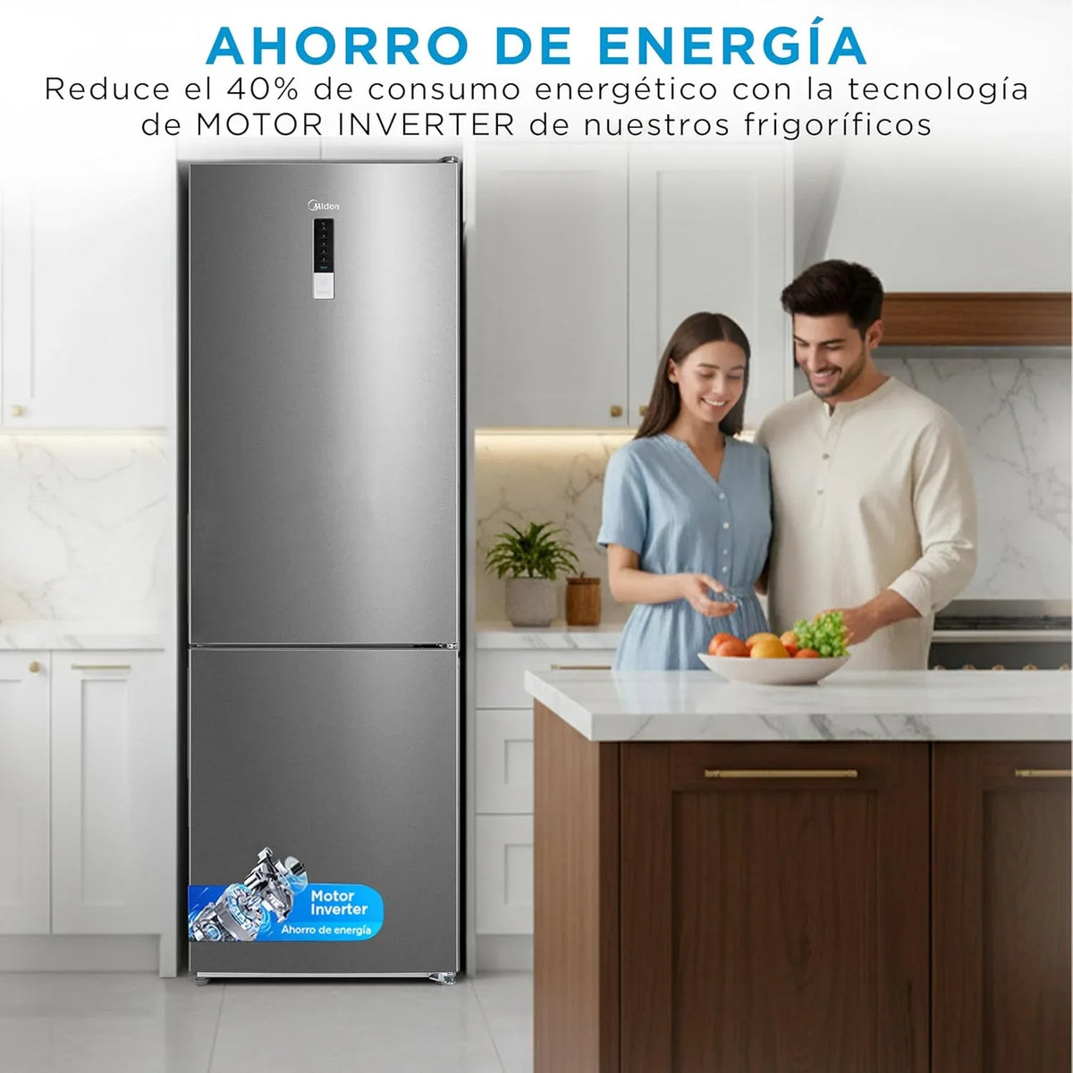 2026 Midea Frigorífico Combi No Frost | 60 cm ancho x 188 alto cm | Inox | Nevera libre instalación 224 L + 86 L Congelador – Refrigerador de bajo consumo con congelador vertical