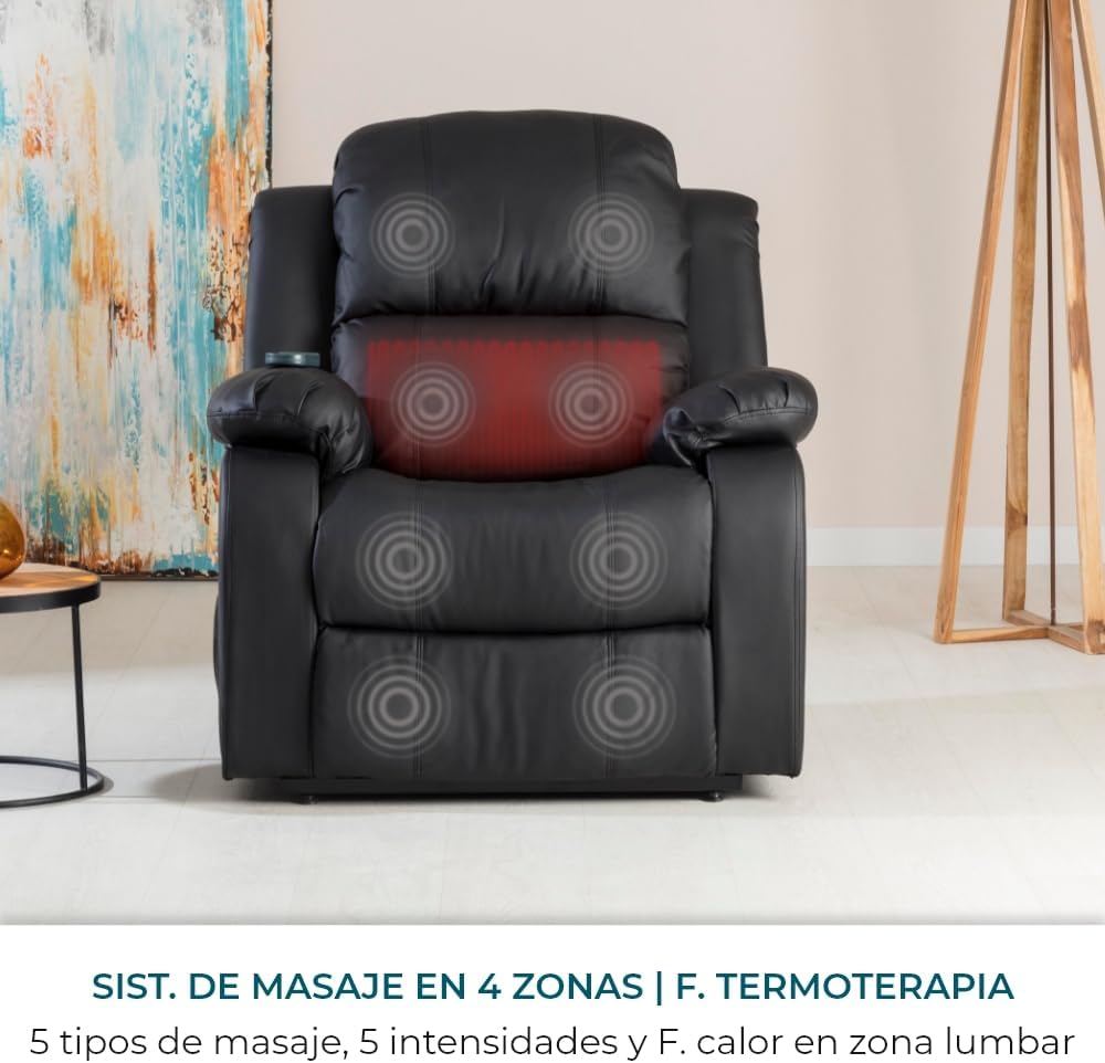 Don Descanso - Sillón Masaje Relax Calor Trevi Negro Reclinable 160º con 8 Motores Silenciosos, Calor Lumbar, Sist. Masaje 4 Zonas y Acabado en PU Anti-Cuarteo [Incluye Mando]. Ideal Gente Mayor 2026