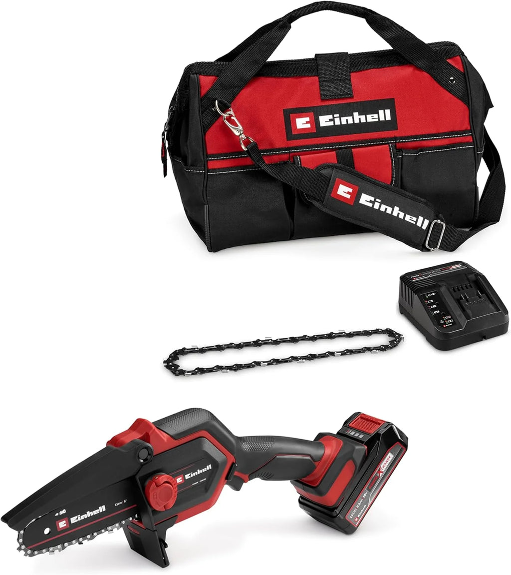 2026 Motosierra de poda inalámbrica Einhell GE – PS 18/15 Li Bag Kit Power X – Change (18 V, sin escobillas, longitud de corte de 12,5 cm, incluye batería de 2,5 Ah, cargador, cadena de repuesto, bolsa Einhell 45/29)