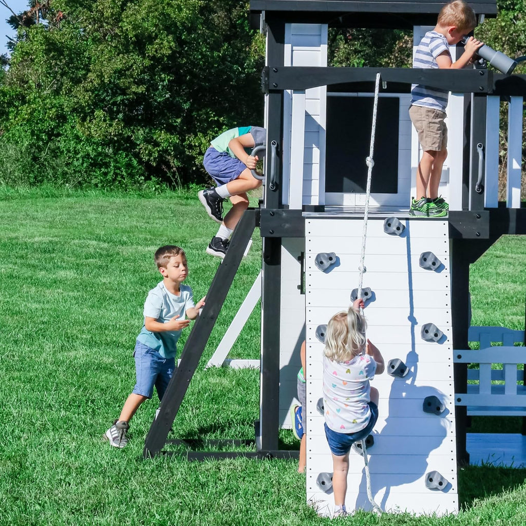 2026 Canyon Creek Cedar Wood Swing Set with Wave Slide, Clubhouse, Play Kitchen, Picnic Area, Belt Swings, Web Swing, Rock Wall, Balconies, Playhouse, Step Ladder, Outdoor Playset
