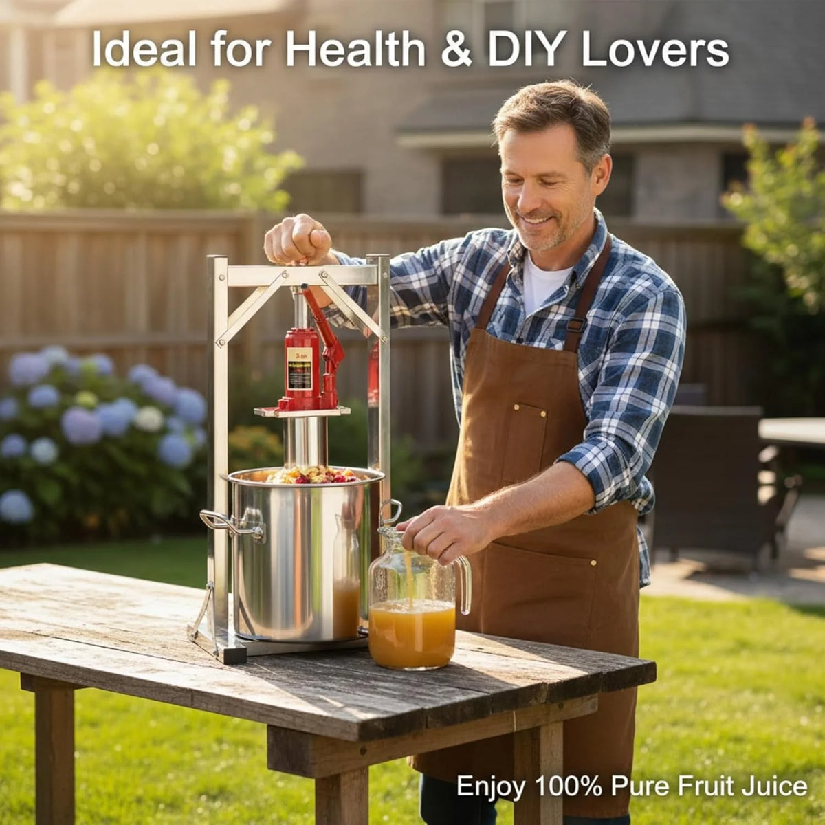 Prensa hidráulica para frutas de 12 litros (modelo 2026), fabricada en acero inoxidable 304 con elevador hidráulico de 3 toneladas, exprimidor manual, cubo con filtro interno, prensa para vino y sidra. Ideal para vino, mosto y zumos de frutas.