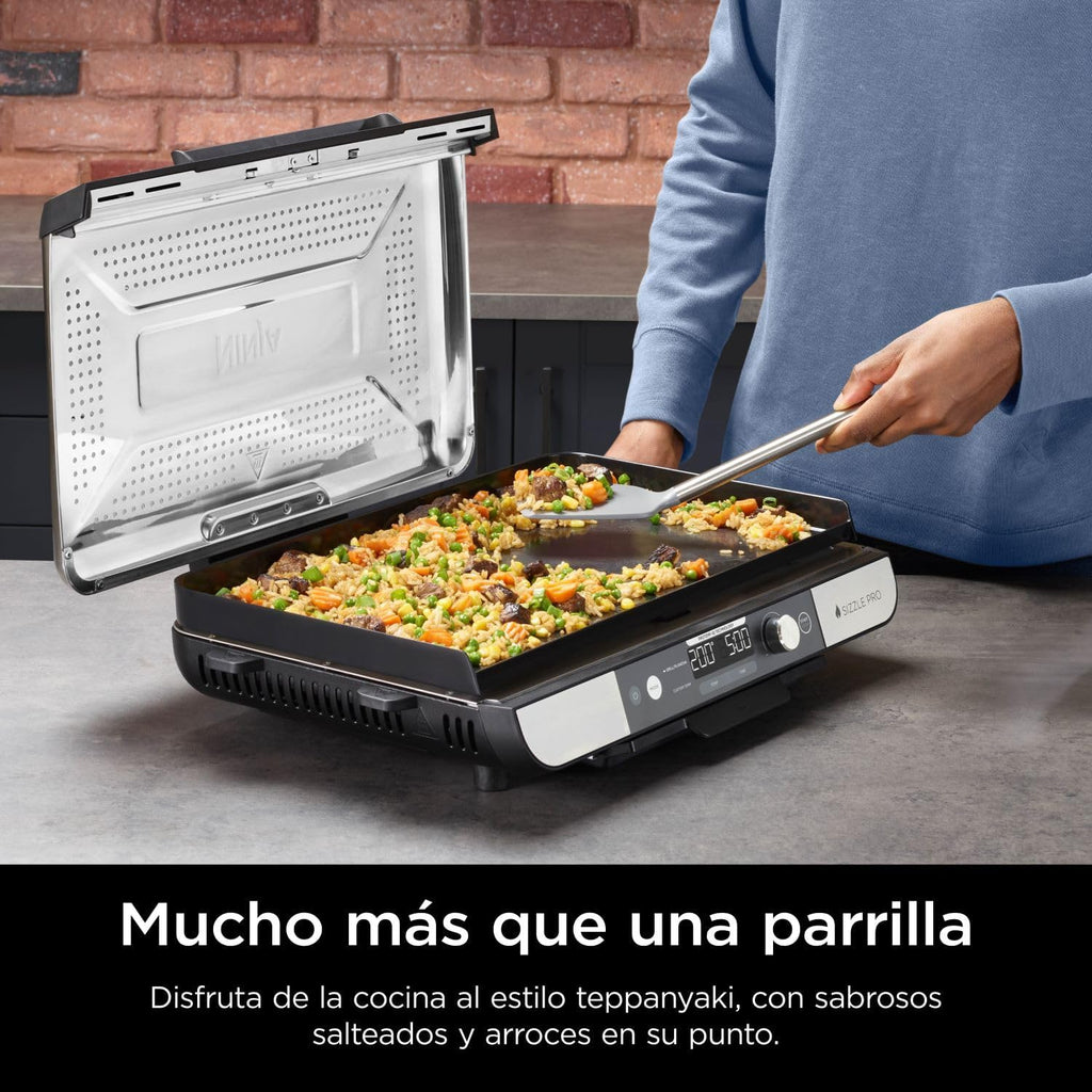 Parrilla y plancha de interior Ninja Sizzle Pro XL con placa y plancha de cerámica antiadherente, tapa desmontable, recolector de grasa y guía de recetas, plata/negro GX101EU 2026