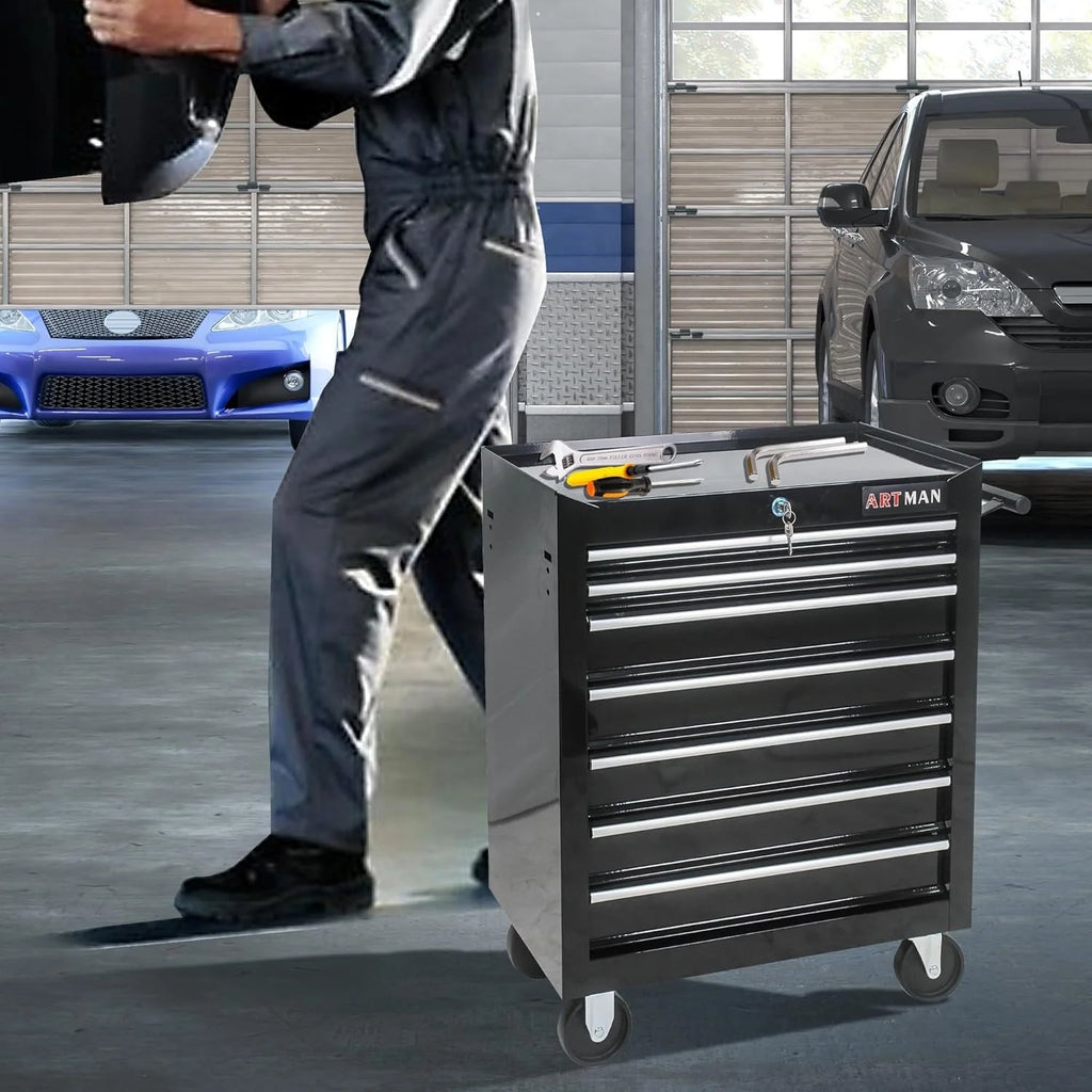 2026 POVANLI  7-Drawer Rolling Tool Chest with Wheels Multifunctional Tool Chest Portable Tool Storage Cabinet with Locking System for Garage Workshop Warehouse Repair Shop