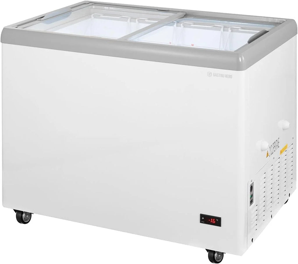 Congelador horizontal para helados GastroHero 2026, 284 litros, congelador profundo, iluminación LED, tapa de vidrio corrediza, ruedas. Congelador comercial para venta de helados, – 18 °C, quiosco de catering.