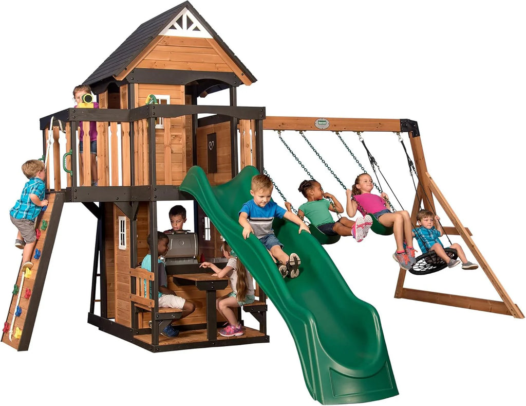 2026 Canyon Creek Cedar Wood Swing Set with Wave Slide, Clubhouse, Play Kitchen, Picnic Area, Belt Swings, Web Swing, Rock Wall, Balconies, Playhouse, Step Ladder, Outdoor Playset