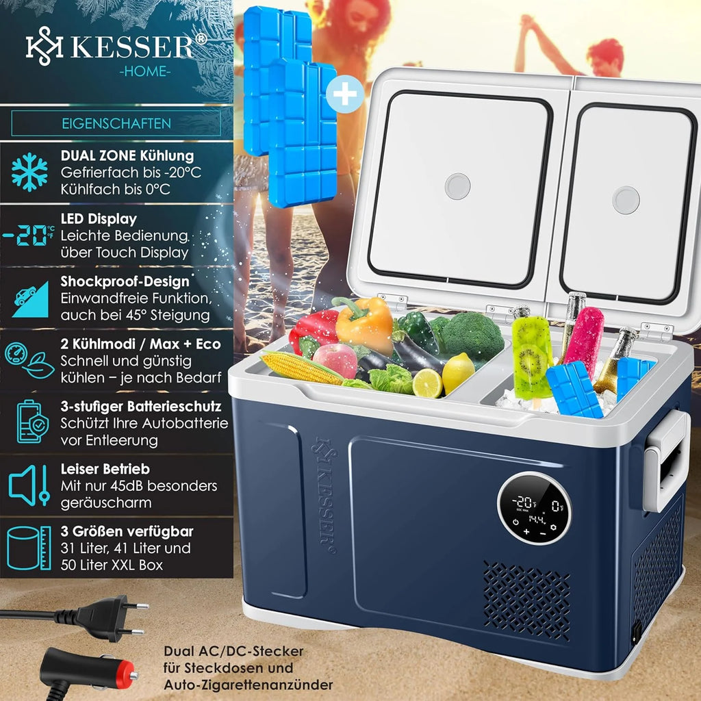 Nevera portátil KESSER 2026 con compresor, 2 en 1, doble zona de refrigeración y congelación, con congelador eléctrico, 2 acumuladores de frío y control táctil LED | Refrigerador con capacidad de enfriamiento hasta – 20 °C para camping, coche y