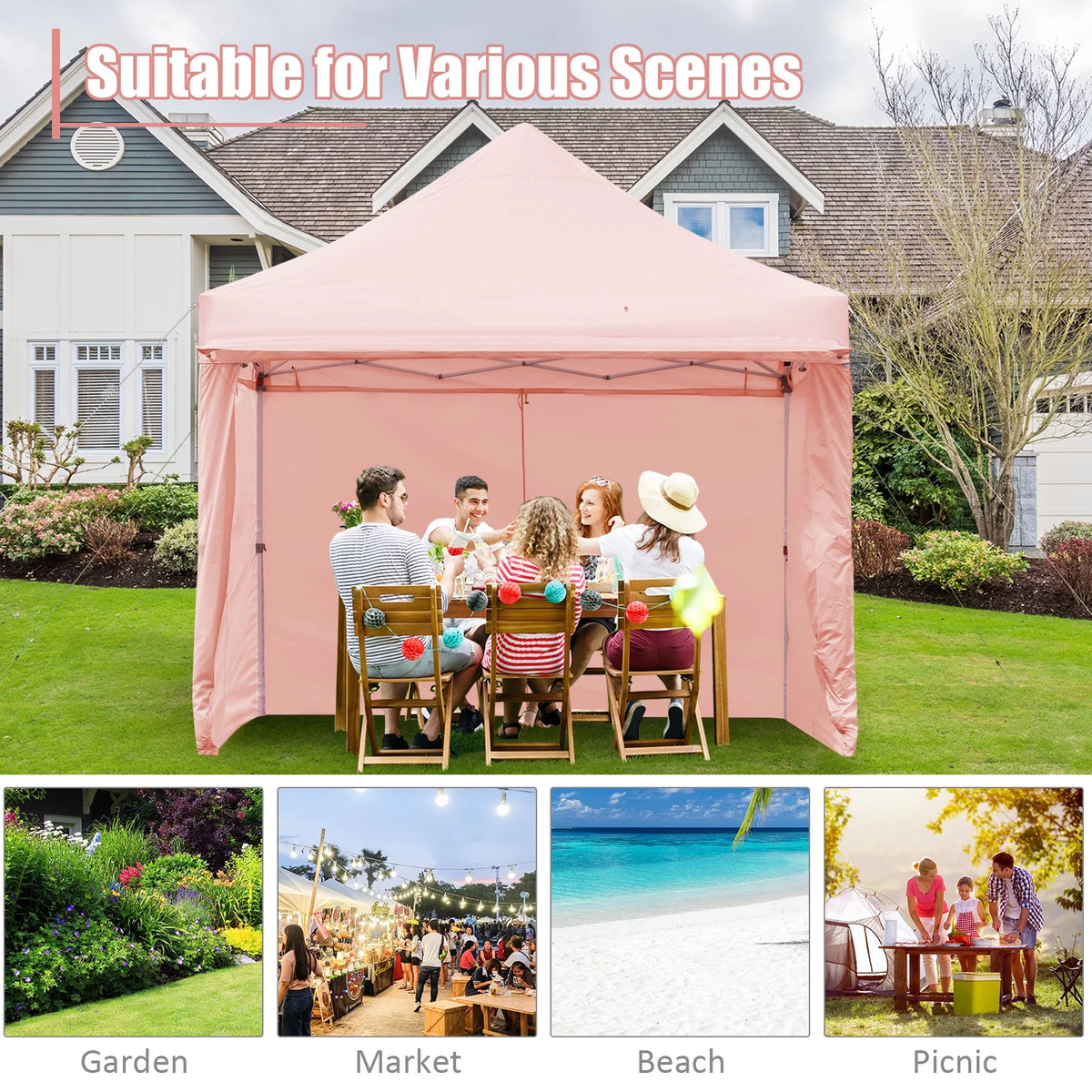 2026 Patiojoy 10x10ft Pop up Tent, 4 Height Adjustment Folding Camping Tent with Awning Blue