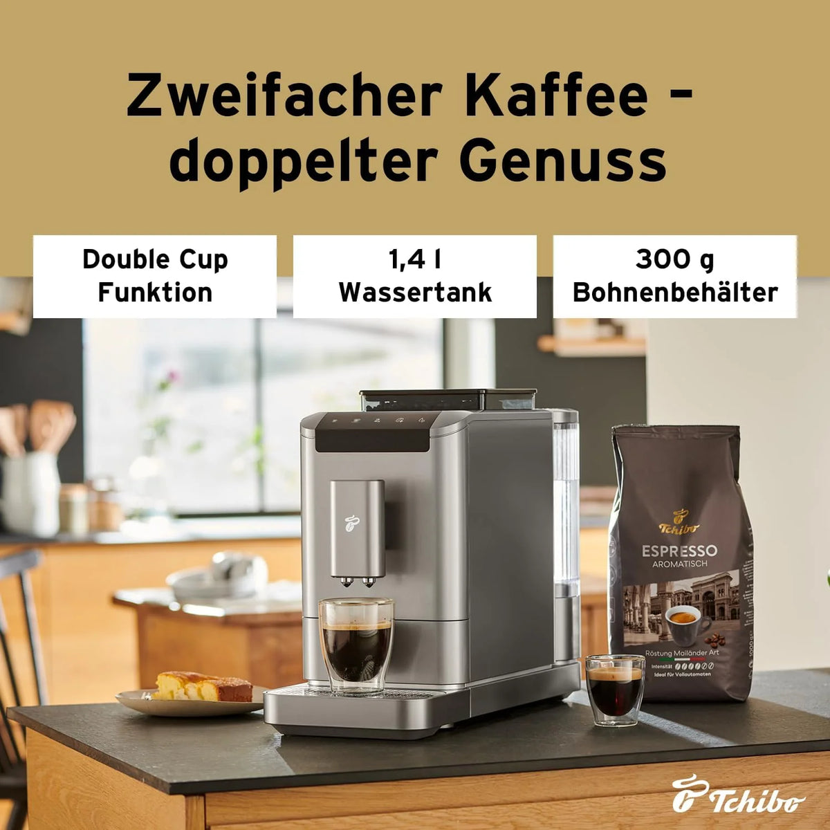 Cafetera automática Tchibo Esperto2 Caffè 2026 con función para 2 tazas (café crema y espresso), color negro granito. INCLUYE un kit de degustación de café GRATIS.