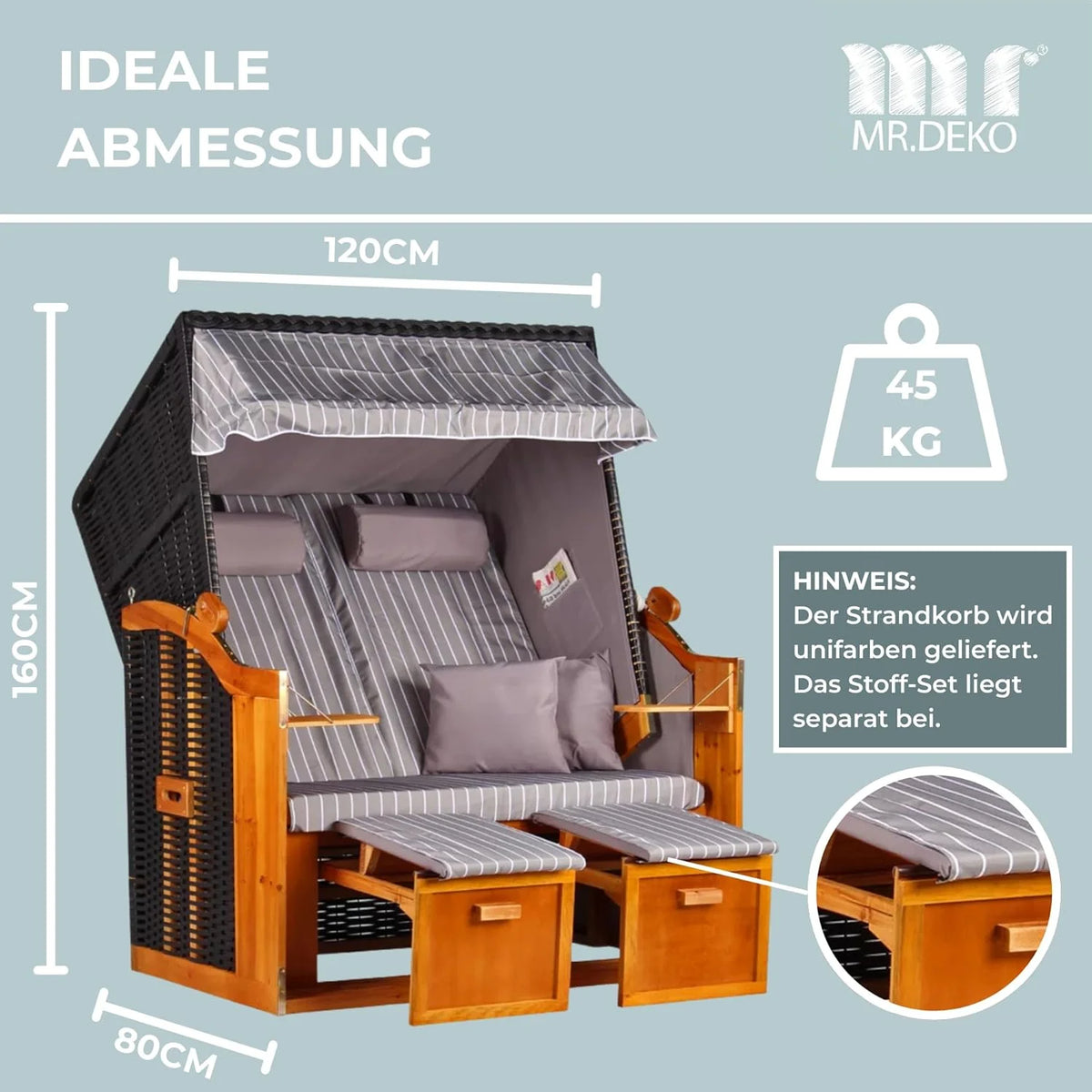 Silla de playa Baltic Sea 2026 Juniper PE negra (diseño gris real) | Silla de playa de 2 plazas resistente a la intemperie | Silla reclinable de dos plazas de madera maciza | Sillas de playa para balcón | Silla de playa para jardín
