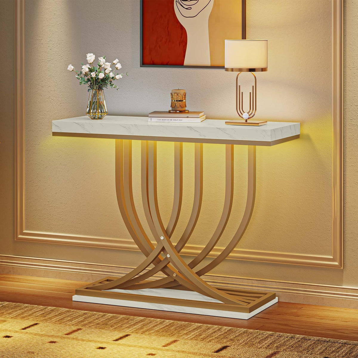 2026 Modern Gold Console Table with Marbled Top, Sofa Table for Entryway and Hallway