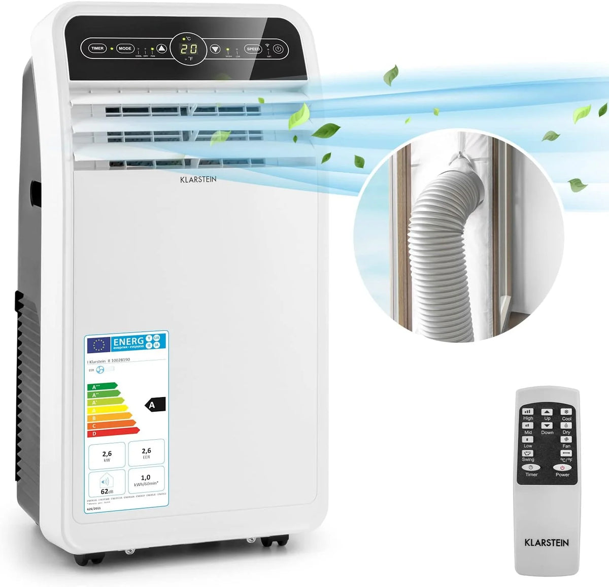 Aire acondicionado móvil Klarstein 2026 con manguera de escape, aire acondicionado 4 en 1 con ventilador, deshumidificador y modo nocturno, aire acondicionado pequeño y portátil para el hogar y la oficina, bajo consumo de energía, 9000 BTU.