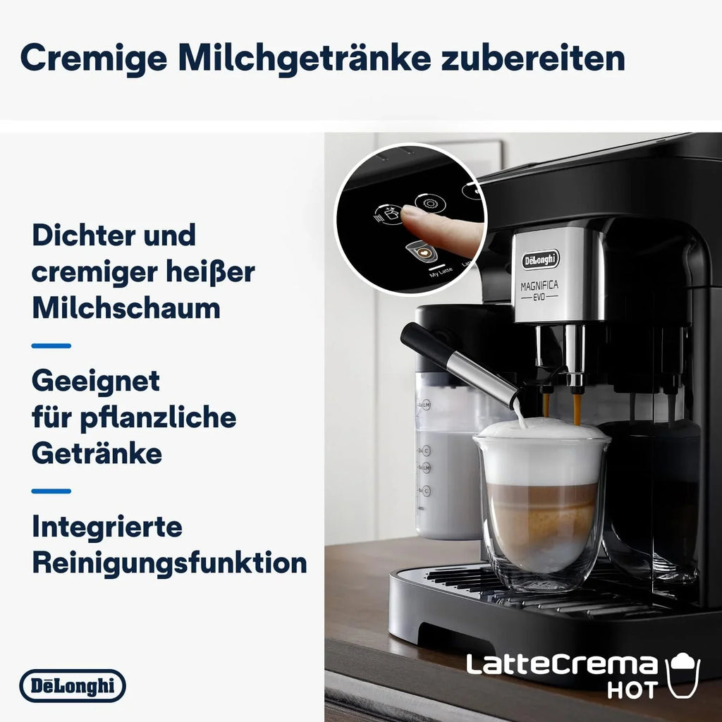 Cafetera automática De'Longhi Magnifica Evo ECAM 292.81.B (modelo 2026) con sistema de leche LatteCrema, 7 botones de selección directa para capuchino, espresso y otras especialidades de café, función para 2 tazas, color negro.
