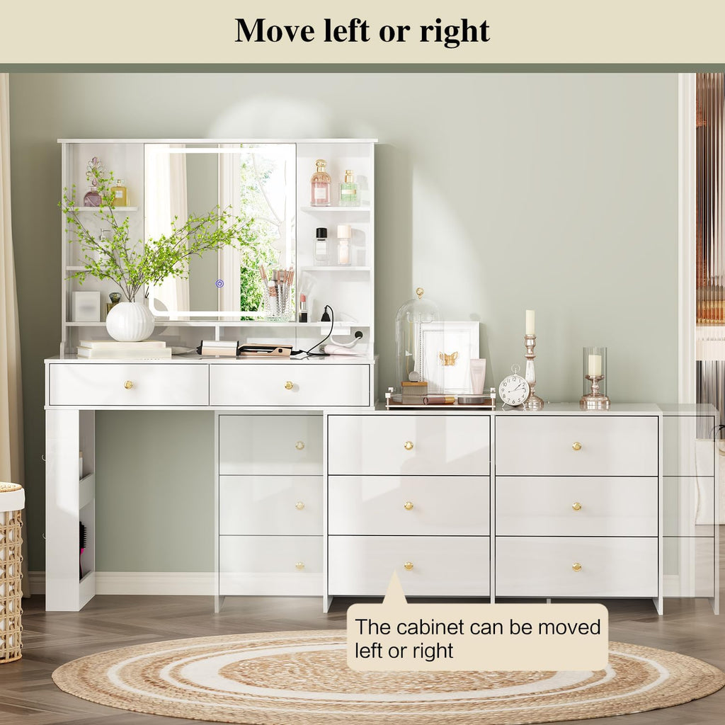 2026 Makeup Vanity Desk with Mirror and Lights, Vanity Desk with 8 Drawers & Storage Shelves, Vanity Table with Power Outlet, 3 Color Modes & Adjustable Brightness Dressing Table, Bedroom, White